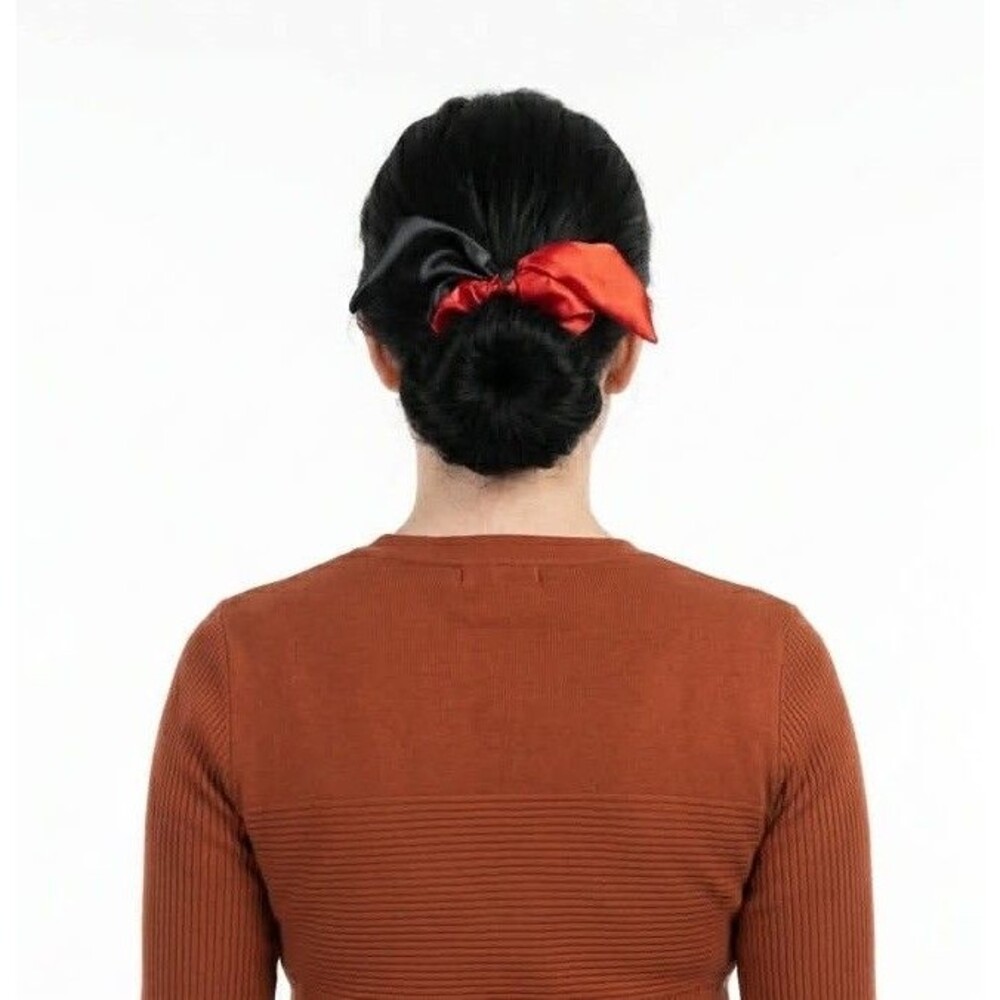 Handmade Red Black Satin Scrunchie Scarf Bow Hair Tie Ponytail Holder - Picture 3 of 11